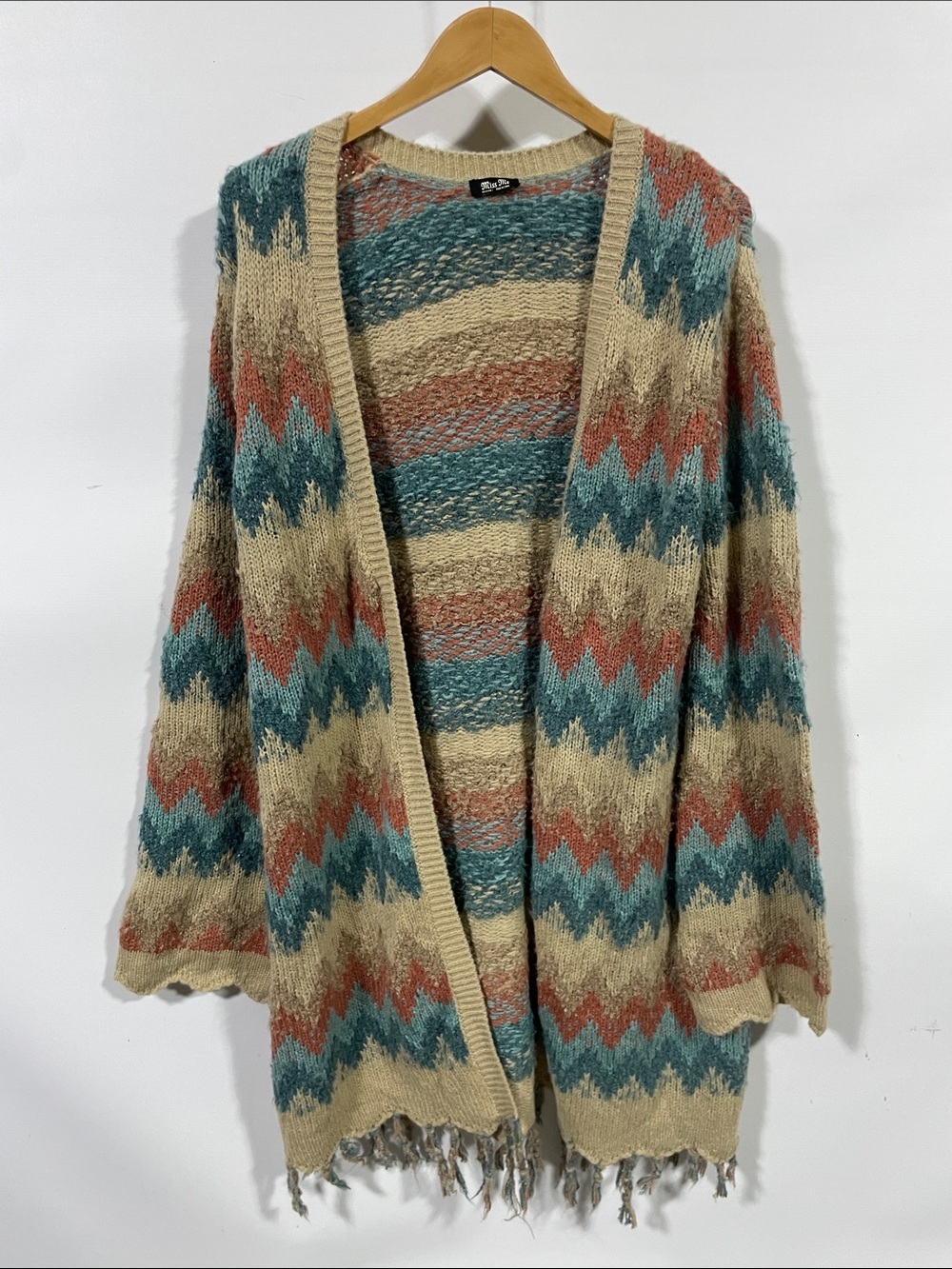 Miss Me mohair blend Open-Front Chevron Cardigan - Teal, Rust & Cream
